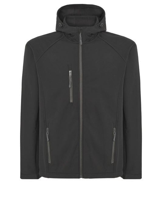 Veste softshell à capuche noire à personnaliser – vue de face